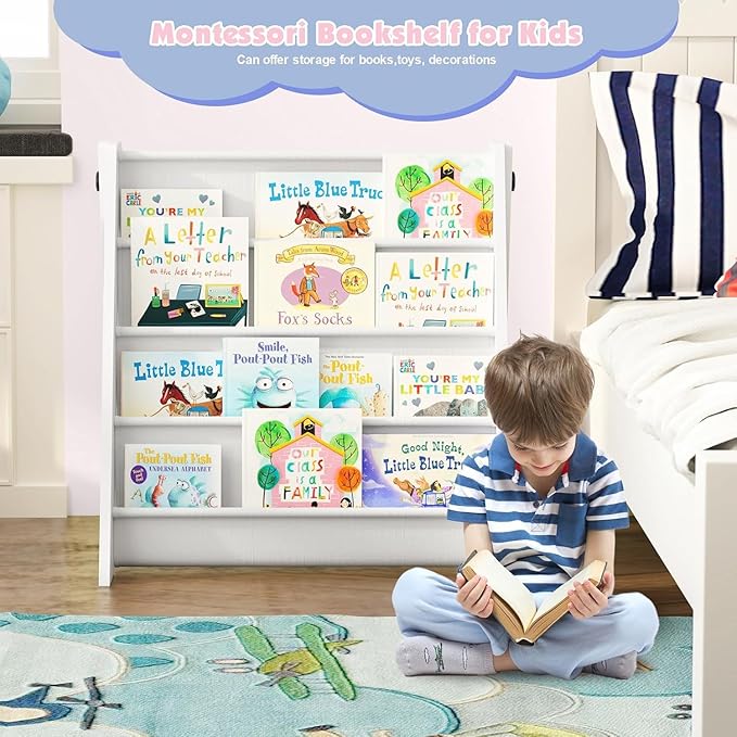 NACHES Montessori Kids Bookshelf Fabric Sling Pockets – Front Facing Toddler Book Display and Toy Storage Organizer for Nursery Playroom or Bedroom 23" Wide (White, Small)