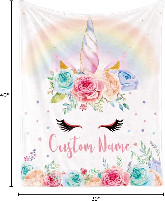 Personalized Unicorn Blanket Name Girl, Custom Name Blanket Kids, Soft Flannel Pink Unicorn Toddler Blanket Customized Gift Birthday Christmas Baby Shower Newborn Gift 30''x40''