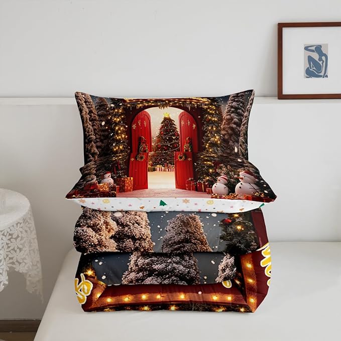 Feelyou Merry Christmas Bedding Set for Kids Boys Girls Twin Size Christmas Tree and Snowman Comforter Set Ultra Soft Comforter Snowflake Duvet Quilt Bedroom Decor Decorations Quilt