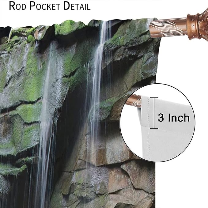 Forest Waterfall Blackout Windows Curtains, Rocky Waterfall to Pond Running Off Scenic Nature Themed Picture Print Curtains, for Living Room Bedroom 55x63in 2 Panels