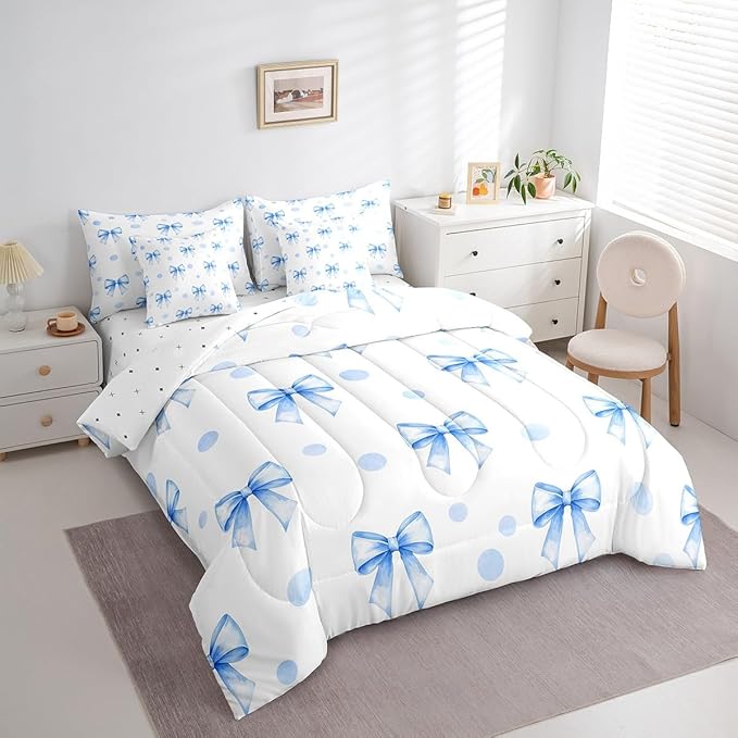 7 Pieces Blue Bowknot Kids Comforter Queen Size,Geometric Dots Bow Tie Patchwork Romantic Bedding Set,Bow Knot Princess Cute White Chic（Comforter+Fitted+Flat+2 Pillowcases+2 Throw Pillow Covers）