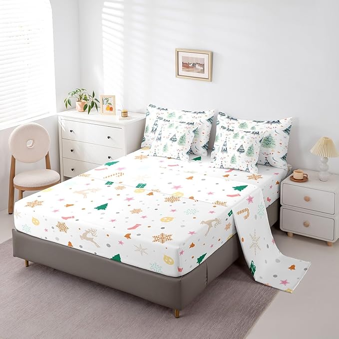 Feelyou Christmas Bed Set Xmas Tree Comforter Set with Sheets Snowflake Watercolor Blue Bed in a Bag for Kids Boys Girls Room Decor New Year Theme Bedding Set Bedroom Collection Twin Size