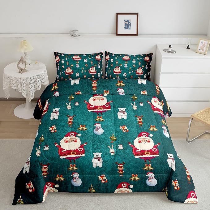 Christmas Comforter Set Cute Snowman Santa Claus Kids Decorations Bedding Set Boys Girls Bear Rabbit Comforter Christmas Bells Design Teal Blue Quilt with 1 Pillowcase 3Pcs Bedding King