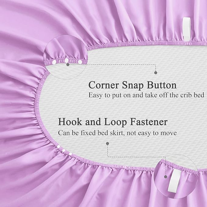 SiinvdaBZX 2-Piece Set Satin Crib Sheets & Crib Bed Skirt, 52" x 28" Silky Soft Ruffled Baby Crib Skirt with Adjustable Elastic 14" Drop, Fit for Standard Crib & Toddler Bedding (Lavender)