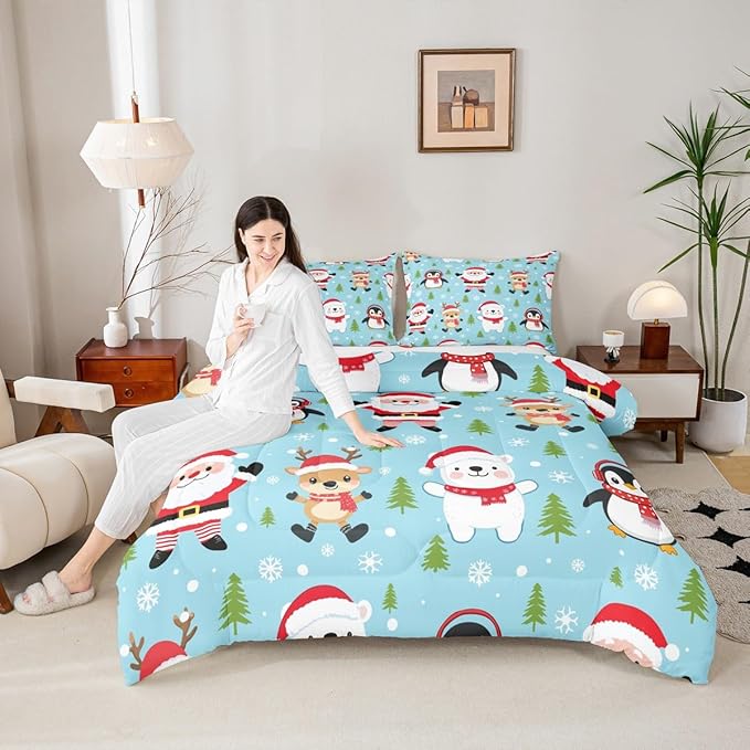 Feelyou Christmas Comforter Set King Size Santa Claus Bedding Set for Kids Boys Girls Penguin Deer Duvet Quilt Xmas Snowflake Tree Bedroom Decor Microfiber 3 Pcs with 2 Pillow Cases