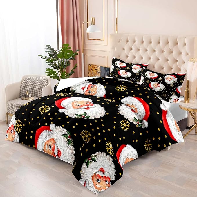 LUVIVIHOME 2PCS Merry Christmas Comforter Set Twin Size, Gold Snowflake Funny Cute Santa Claus Bedding, Christmas Bedroom Decor, Soft Breathable Microfiber Black Quilt, Xmas Gifts, 1 Pillow Sham