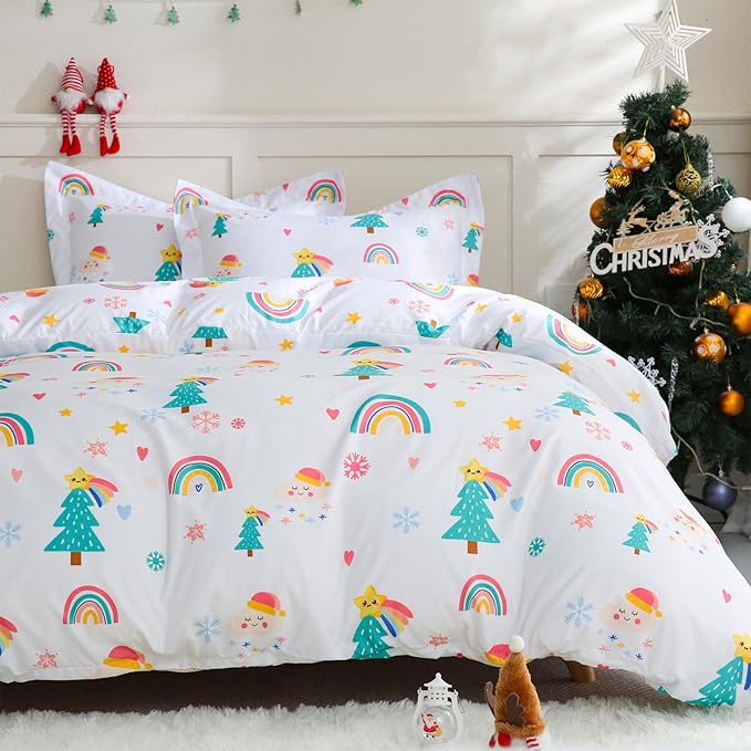 JSD Christmas Kids Duvet Cover Set Twin Size, 2 Piece Printed Microfiber Comforter Cover with Pillow Sham Zipper Closure, Comforter Not Included