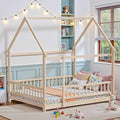 LLS Full Size Montessori Floor Bed Frame with Slats and Fence, Wooden House Bed for Boys Girls Bedroom, Natural