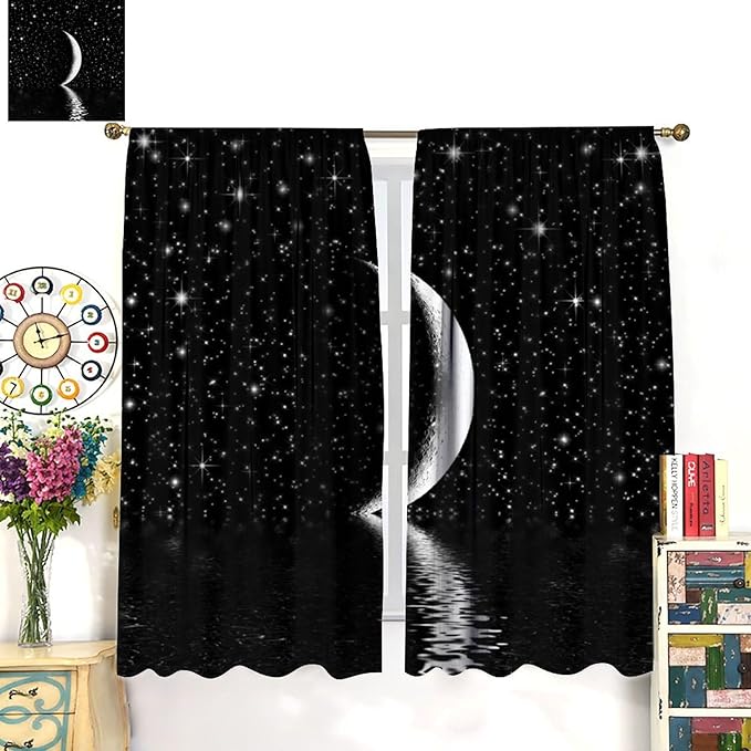 Night Starry Sky Curtain, Black Moon Phase Cloud Stars White New Moon Sparkly Shiny Galaxy Space Lake Fantasy Window Curtains for Kids Boys Girls Room Bedroom Living Room 55" W X 63" L