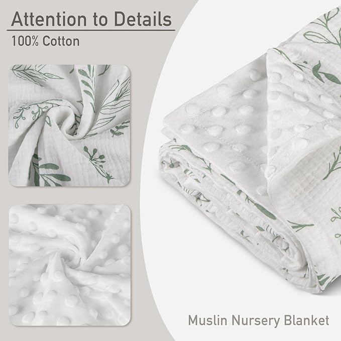 GLLQUEN BABY Blankets for Unisex Boys Girls, Muslin Cotton Front Soft and Breathable, and Dotted Fleece Backing, Printed Bed Nursery Minky Blankets for Toddler Newborn, Greenery, 30 x 40 inches