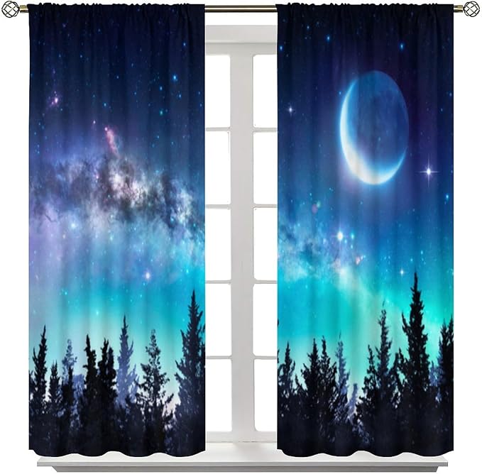 Galaxy Forest Blackout Curtains, Night Starry Sky Stars Moon Aurora Borealis Window Drapes for Bedroom Living Room Home 42" W X 63" L