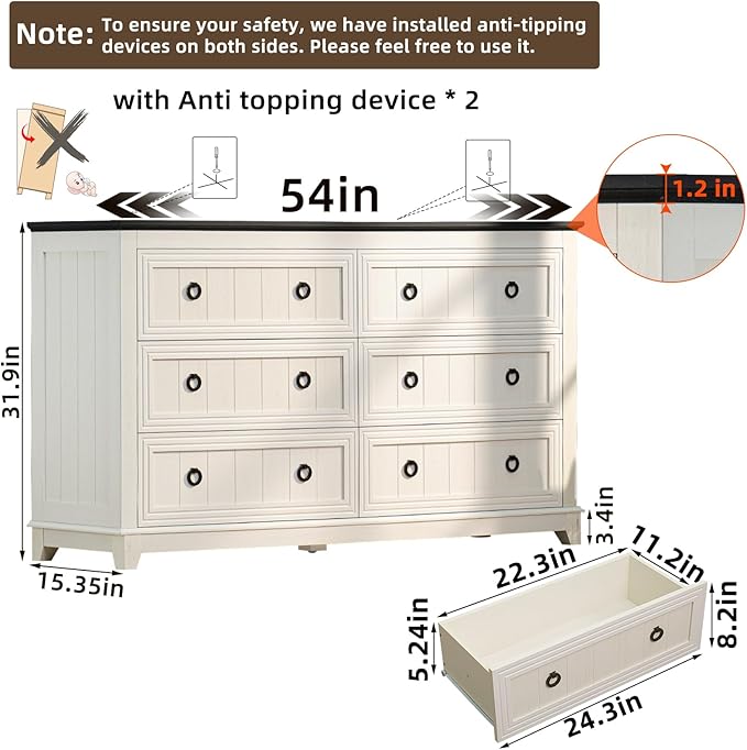 Farmhouse Living Room Sets, Night Stands Set of 2 and 6 Drawers Dresser for Bedroom, 54 Inch Wide Wood Dresser and 18.1" Night Stands with Charging Station for Bedroom, Living Room, Hallway