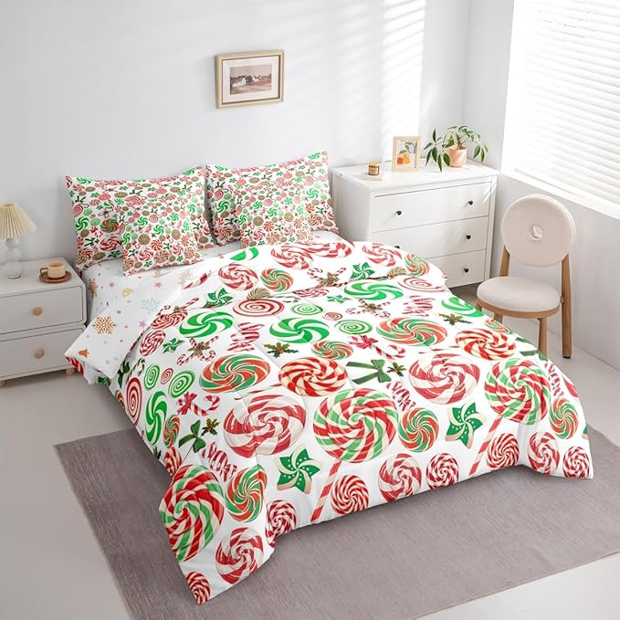 Christmas Candy Comforter Set With Sheets 7 Piece Queen Size Cute Bow Bed in a Bag Kids Boys Girls Red and Green Sweet Bedding Set Reversible Xmas Decor Bedroom Decor Breathable Soft Lightweight