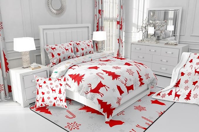 Feelyou Merry Christmas Bedding Set Soft for Boys Girls, Xmas Tree Reindeer Comforter Set Toddler Size Candy Cane Bell Duvet Quilt Microfiber Snowflake Bedroom Decor 2 Pcs with 1 Pillow Cases