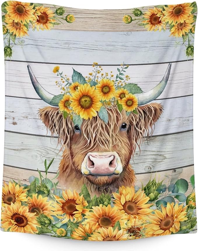 Highland Cow Blanket, Cute Cow Throw Blanket Gift for Women Girls Highland Cow Lovers, 50x40 Inches Soft Fuzzy Flannel Sunflower Blankets for Crib Couch Sofa Travel