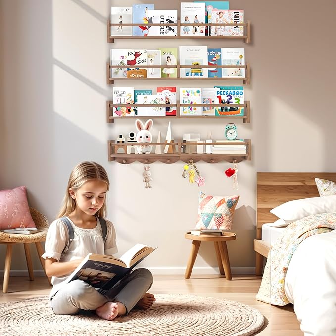 34Inch Nursery Book Shelves Wall Mounted, Floating Book Shelf for Kids Coat Rack with 6 Hooks, Wall Hanging Shelf for Baby Nursery Room Organizer ，Patent Number:US-D1058229-S(4, Light Brown)