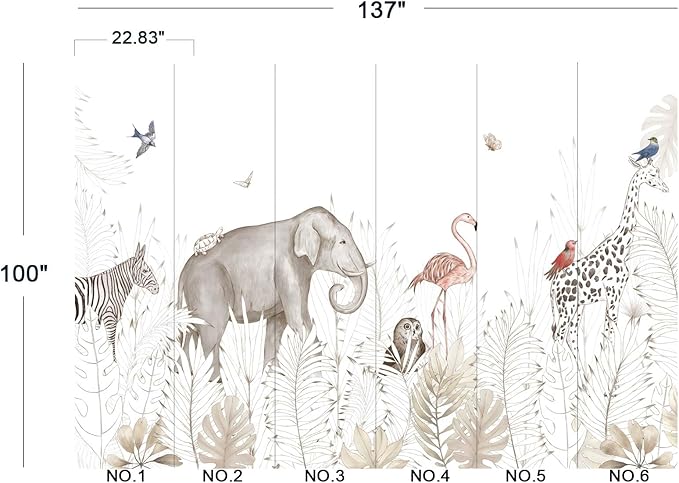 Elephant Zebra Animal Nursery Wallpaper Wall Mural 137" x 100"