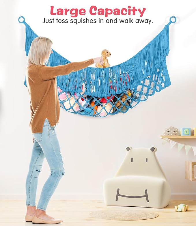 Stuffed Animal Hammock - Extra Large 63'' Long, Stuffed Animal Storage, stuffed animal Holder net, Toy Hammock Large, Toy Storage Hanging Organizer - Peacock blue