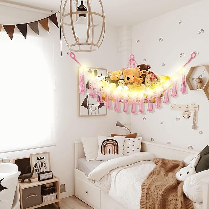 Stuffed Animal Hammock with LED Light, Large Stuffed Animals Storage Corner Plushie Net for Kids Room Decor, Jumbo Pink