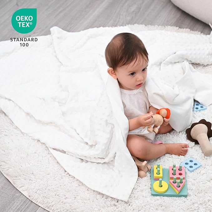 david's kids Micro Fleece Minky Baby Blanket for Boys Girls Neutral with Double Layer and Soothing Raised Dots, 40x50 Inches Breathable and Soft Lightweight Receiving Blanket for Newborns, White