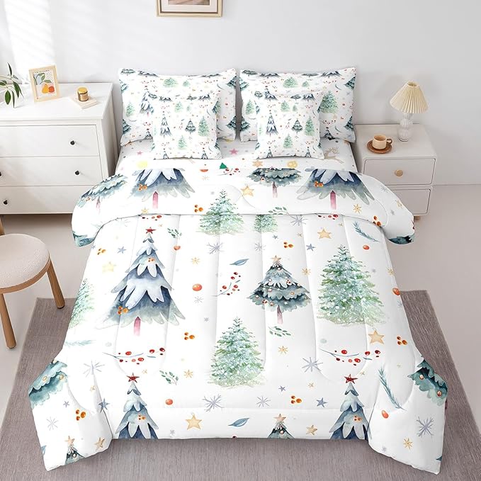 Christmas Bed Set Xmas Tree Comforter Set with Sheets Snowflake Watercolor Blue Bed in a Bag for Kids Boys Girls Room Decor New Year Theme Bedding Set Bedroom Collection Full Size