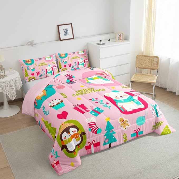 Erosebridal Christmas Cartoon Bedding Set for Kids Cute Snowman Bear Comforter Set Queen Size Xmas Tree Deer Elk Reversible Quilts Kawaii Penguin Animal Duvet Insert Room Decor
