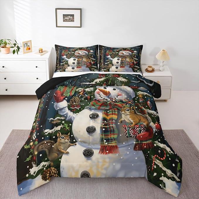 Feelyou Christmas Kids Comforter Set Full Size Snowman Squirrel Bedding Set Snowflake Gift Duvet Quilt for Kids Boys Girls Bedroom Branch Berry Decor Microfiber Ultra Soft Breathable