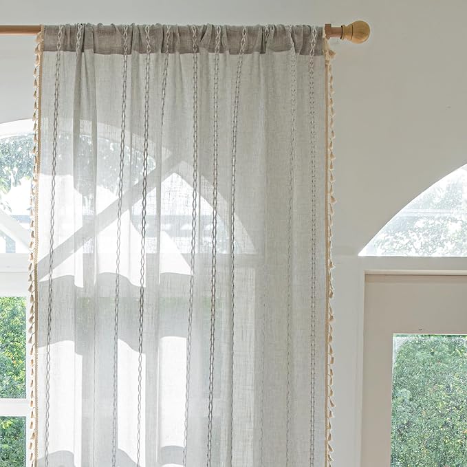 Deeprove Silver Grey Boho Curtains 96 inches Length for Bedroom Living Room, Light Gray Bohemian 96 inches Long Embroideried Cottage Farmhouse Vintage Tassel Window Treatments, W52 x L96, 1 Panel