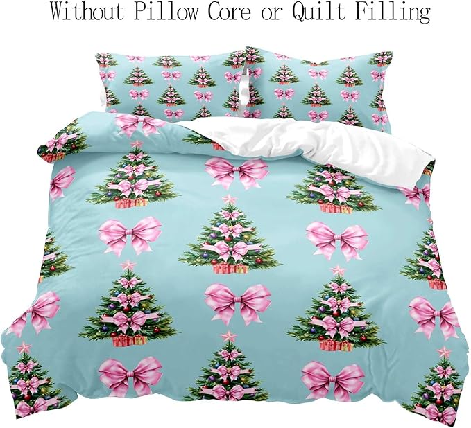 LUVIVIHOME 2PCS Pink Bow Christmas Tree Duvet Cover Twin Bedding Sets, Teen Girl Bedding, Blue Duvet Cover, Winter Holiday Kids Christmas Comforter Cover, Coquette Room Decor Aesthetic, 1 Pillow Case