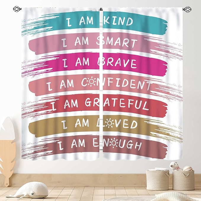 Rainbow Curtains for Classroom, Kids Girls Baby Boho Cute Inspirational Motivational Quotes Cartoon Colorful Pastel Nursery Classroom Bedroom Living Room Bathroom Window Drapes 2 Panels, 55"x63" Inch