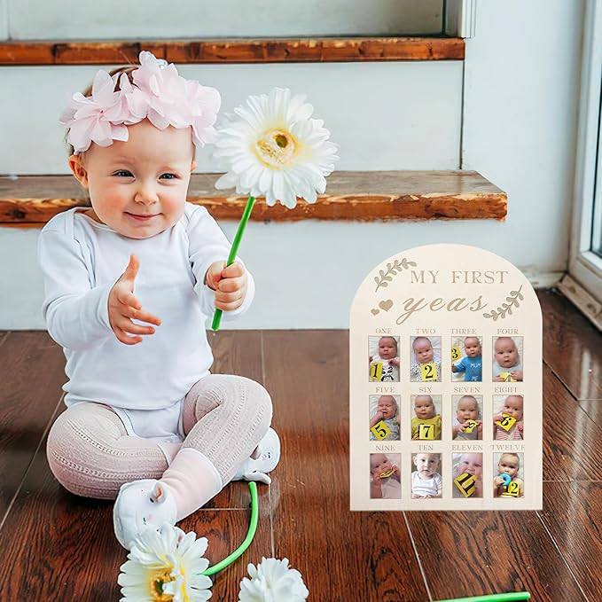 Wooden Milestone Photo Frame First Year Display Board for Newborns Months Keepsake with Sturdy Construction and Simple Design for Nursery Decoration
