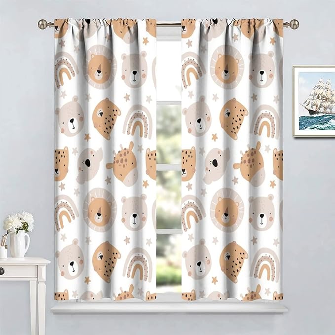 Cartoon Boho Animal Curtains,Funny Forest Safari Print,Cute African Wildlife Koala Giraffe Lion Leopard Bear Rainbow Blackout Window Drapes for Boys Girls Kids Baby Child Bedroom 72x63in