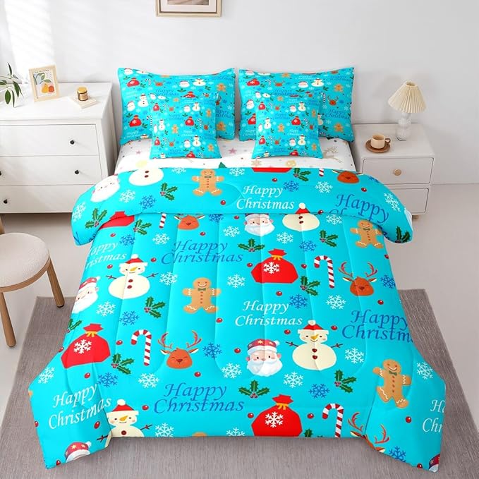 Christmas Deer Comforter Set With Sheets 7 Piece Queen Size Cute Gingerbread Man Bedding Set for Kids Boys Girls Christmas Santa Claus Bed in a Bag Reversible Xmas Decor Room Decor Soft Lightweight