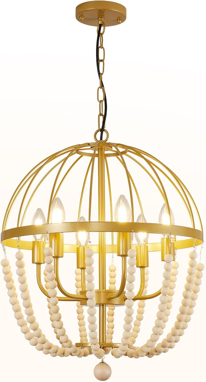 WJShome Modern Farmhouse Light fixtures, 6-Light Gold Boho Bead Spherical Chandelier, Dining Room Wooden Bead Lantern Pendant Light for Bedroom, Kitchen, Hallway, Entryway Foyer