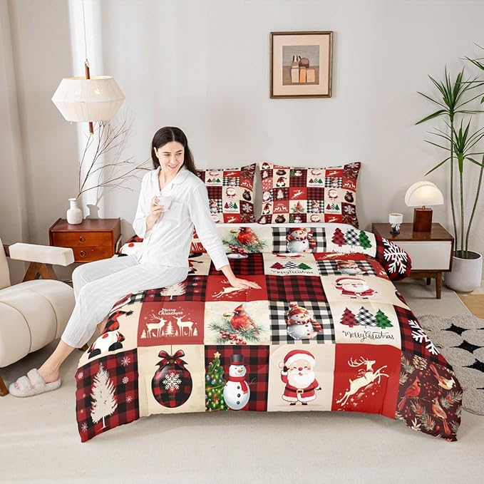 Christmas Comforter Set King Size,Red Plaid Holiday Design Bedding Set 3pcs,Snowman Santa Claus New Year Patchwork Down Comforter for All Season, Kids Boys Girls Room Decor,2 Pillowcases,No Sheets