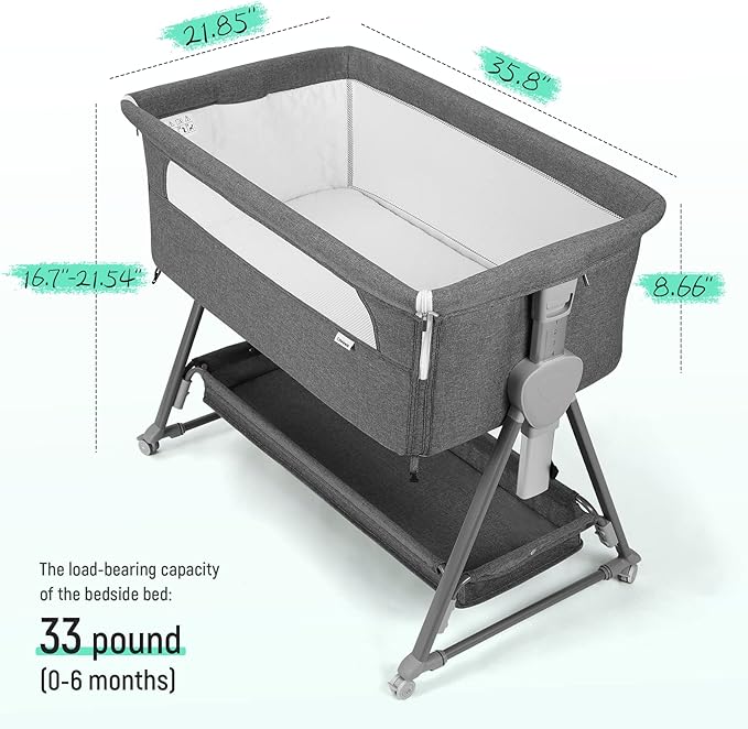 Cowiewie Bassinet Bedside Sleeper, Baby Bassinet with 7 Adjustable Height, Bedside Bassinet for Baby with Storage, Breathable Mesh & Mattress, Portable Bassinet Easy Folding (Pyramid Dark Gray)