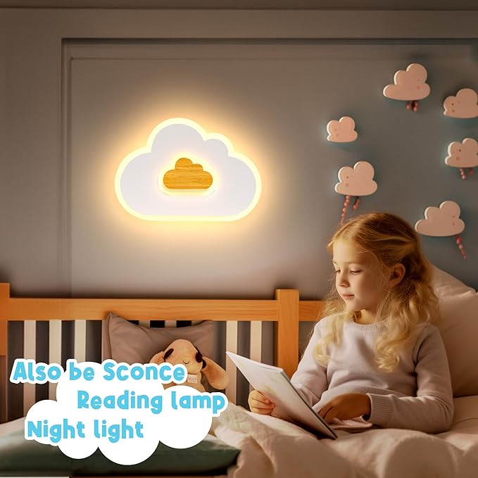 LED Ceiling Light Fixture 19.7in Dimmable Children Cloud Lights for Ceiling with Remote Control 26W Creative Wooden Bedroom Ceiling Lamp for Kids Room Bedroom Living Room, White, YMLED-3