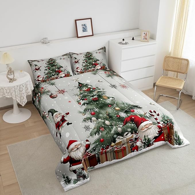 Merry Christmas Bedding Set Full Size,Christmas Tree Snowflake Comforter Set for Kids Boys Girls Room Decor,Santa Claus X'mas Theme Duvet Insert 3Pcs,Star Polka Dot Glitter Quilt Set,2 Pillowcases