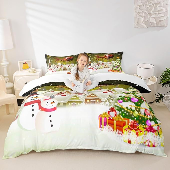 Manfei Christmas Duvet Cover Set King Size, Xmas Tree Snowman Comforter Cover with 2 Pillowcases, Santa Claus with Deer Bedding Set for Kids Boys Girls New Year Theme Bedspread Cover, No Comforter