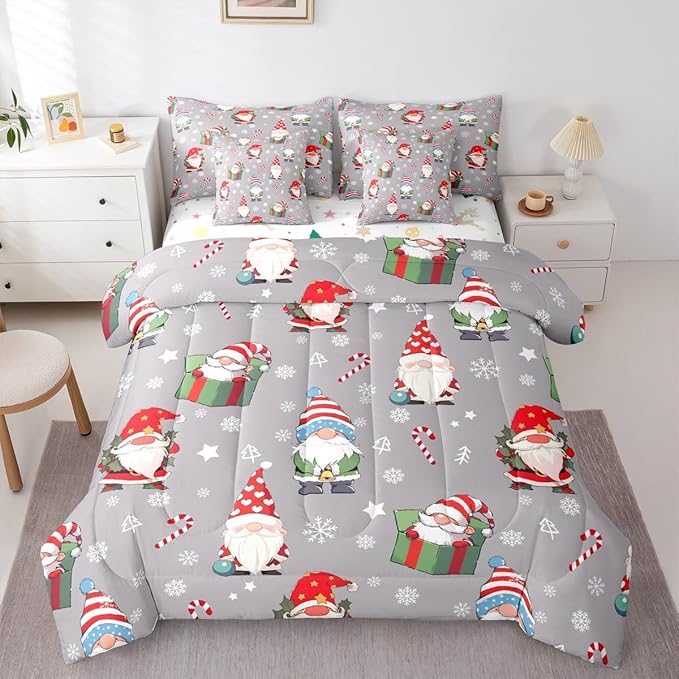 Christmas Gnomes Comforter Set With Sheets 7 Piece King Size Cute Snowflakes Candy Bedding Set for Kids Boys Girls Grey Bed in a Bag Reversible Xmas Decor Room Decor Soft Lightweight Microfiber
