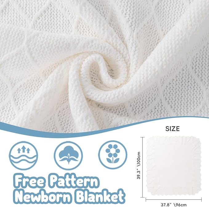 Booulfi Knit White Baby Blankets Neutral,Crib Stroller Newborn Blankets for Boys Girls,Cotton Lace Crochet Winter Blanket Nursery Blanket New Baby Essentials, 38X39