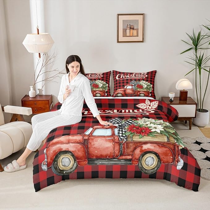 Kids Christmas Truck Comforter Set King Size,Floral Leaves Romantic Bedding,Girls Boys Adults Bedroom/Xmas Cabin Decor,Geometric Plaid Retro Down Comforter,Rustic Farm Duvet Insert,2 Pillowcases