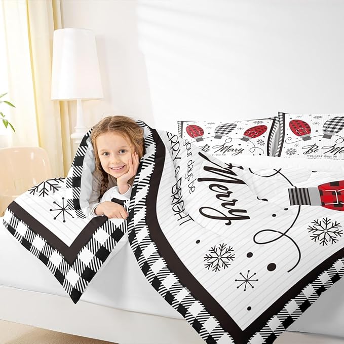 Merry Christmas Kids Comforter Set King Size,Geometric Grids Stylish Bedding,Girls Boys Adults Bedroom/Xmas Cabin Decor,Snowflake Bells Down Comforter,Rustic Farmhouse Duvet Insert,2 Pillowcases