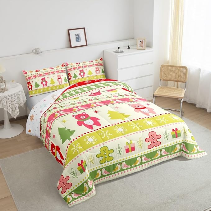 Erosebridal Merry Christmas Comforter Set Kids Toddler Size Xmas Tree Decor Quilts Snowflake Bedding Set Cute Colourful Bear Duvet Insert with 1 Pillow Case