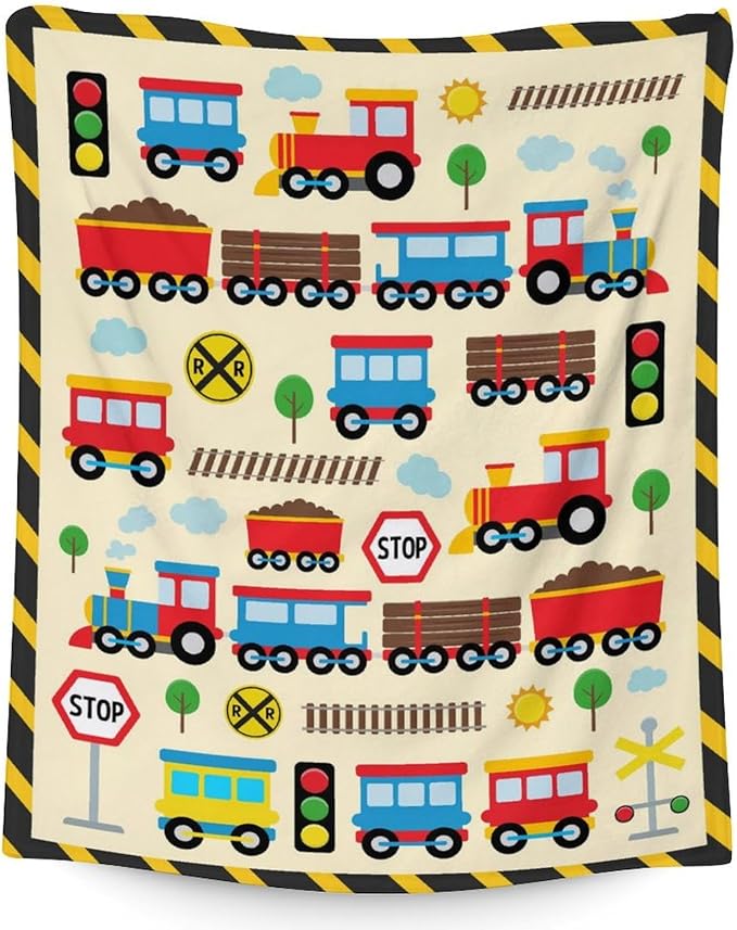 Train Blanket for Train Lovers - 50" x 60" Inches Warm Cozy Throw Blanket Gift - Yellow Cute Throw for Sofa, Work, Living Room