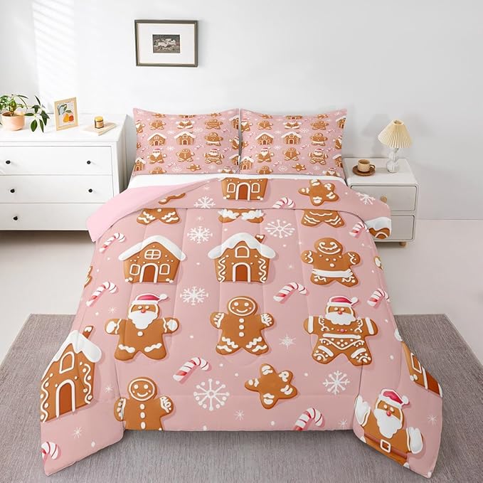 Feelyou Christmas Comforter Set All Season Gingerbread Man Bedding Set with 2 Pillow Cases Santa Microfiber Kids Queen Bedclothes Snowflake Bedroom Decor Duvet Quilt Breathable Soft Lightweight