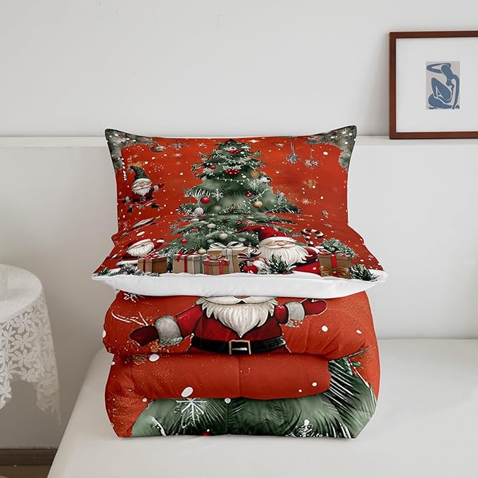 Christmas Theme Bedding Set Full Size,Snowflake Christmas Tree Comforter Set for Kids Teens Adults Room Decor,Santa Claus Red Duvet Insert 3Pcs,X'mas Star Polka Dot Glitter Quilt Set,2 Pillowcases