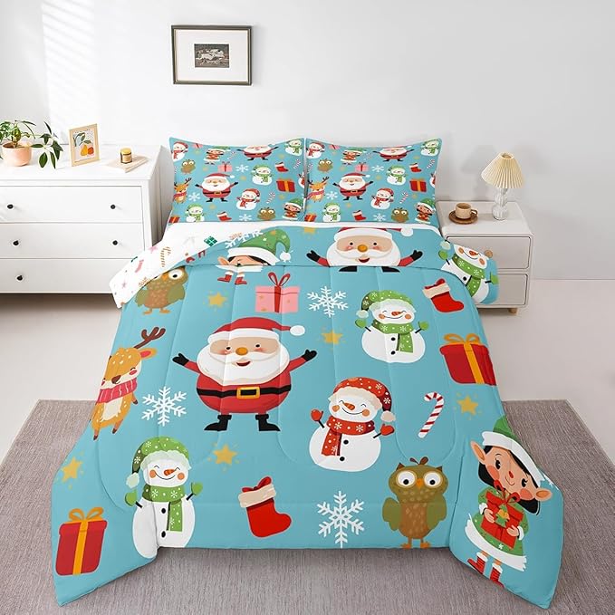 Erosebridal Merry Christmas Comforter Set Cartoon Santa Claus Quilts Twin Size Holiday Snowman Deer Elk Bedding Set Xmas Decor for Kids Boys Teens Cute Owl Animal Down Comforter,Blue