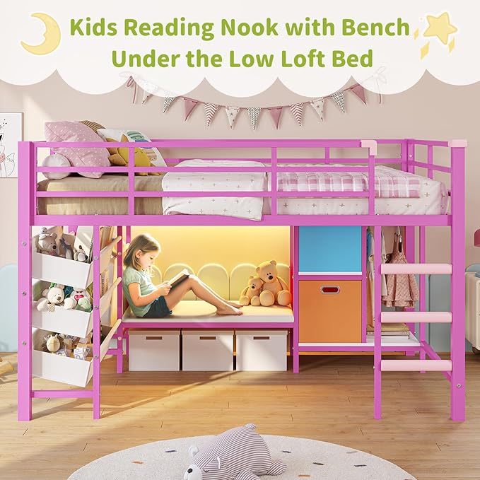 DICTAC Low Twin Size Loft Bed with Reading Corner and Bookshelf,Metal Twin Loft Bed with LED Lights,3 Sling Drawers&2 Movable Storage Bins,loft bed for Kids with 13.98"H Safety Guardrail & Stairs,Pink