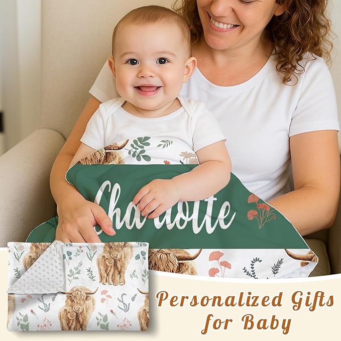 Personalized Baby Name Blanket for Boy Girl, Soft Flannel Blanket with Double Layer Dotted Backing for Infant Newborn, Nursery Crib with Floral Highland Cow Design, Gifts for New Mom(60" x80)